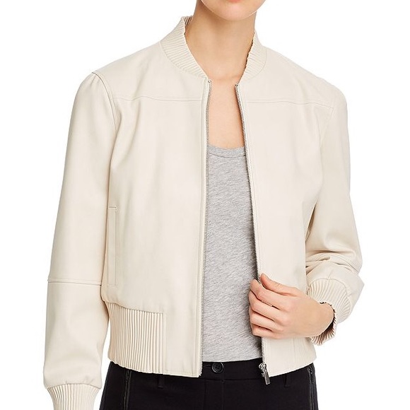 Tahari Faux Leather Beige Bomber Jacket - Picture 3 of 10